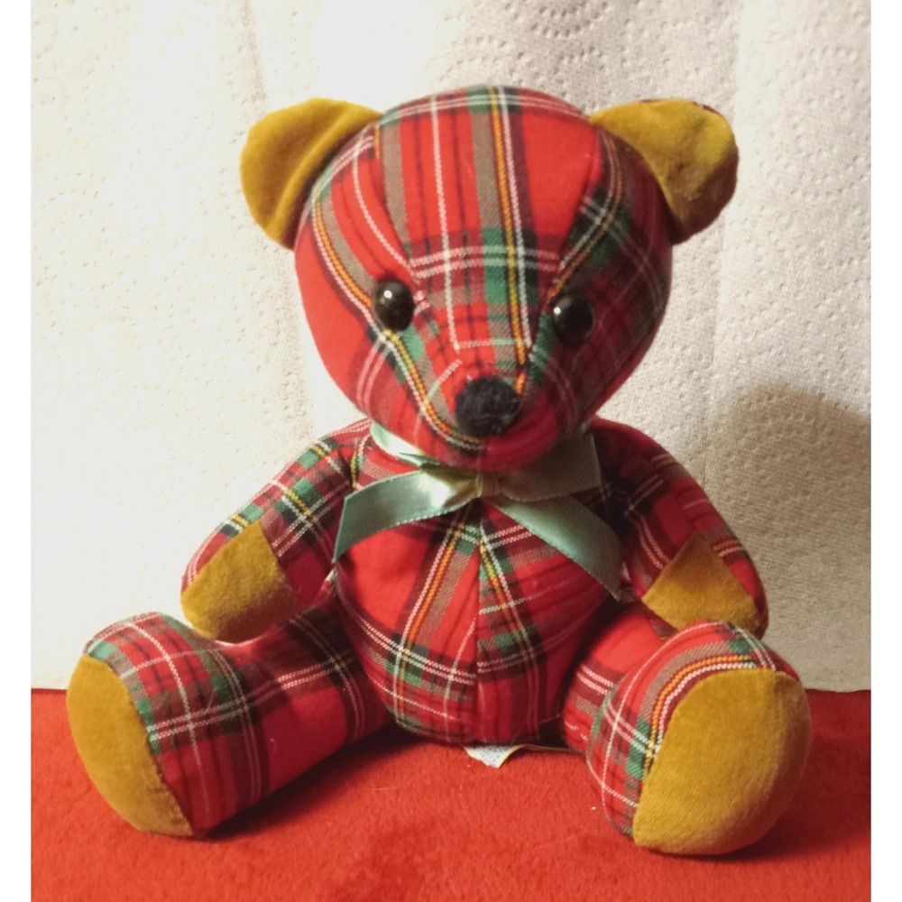 Vintage 1984 Dakin Plaid Teddy Bear Red Tartan Plush Stuffed Animal Toy 8 inch